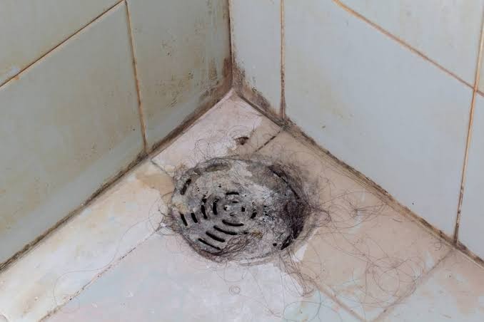 Severe shower drain clog filled with hair and soap scum on bathroom floor tiles