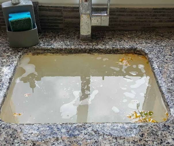 Clogged kitchen sink filled with dirty standing water and trapped food waste